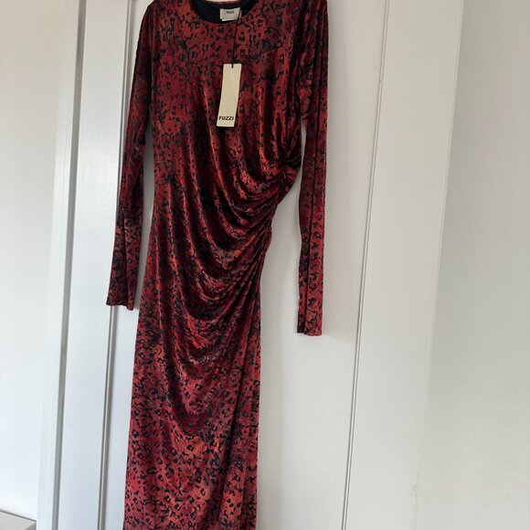 Fuzzi Velvet Bodycon Cocktail Dress Red Sz XL Burn-out Leopard Pattern Shirred - Picture 5 of 10